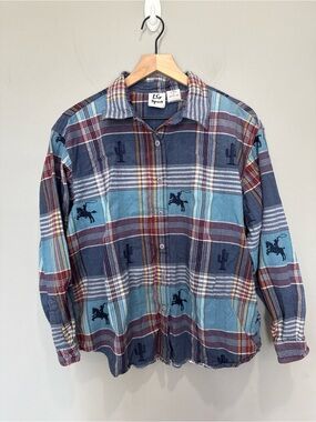 LG Sport Western Plaid Embroidered Bronco Cactus Shirt Large